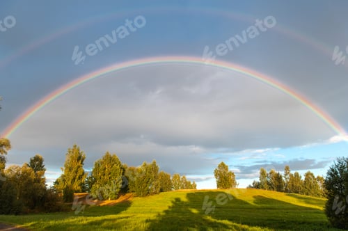 Preview: Rural landscape with double rainbow, autumn day after rain