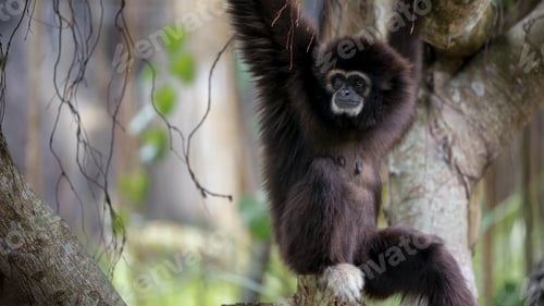 Preview: Lar Gibbon is resting on tree branches at the forest. Wild Hylobates Lar