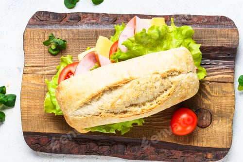 Preview: Ciabatta sandwich with lettuce, cheese, tomatoes and ham on white table.