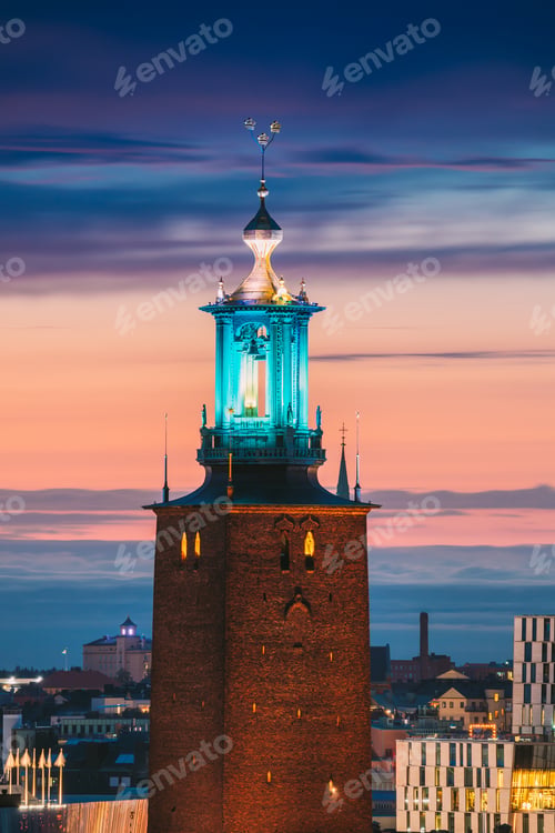 Preview: Stockholm, Sweden. Close View Of Famous Tower Of Stockholm City Hall. Popular Destination Scenic In