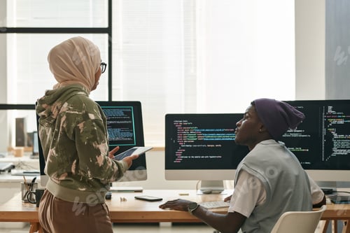 Preview: Two young intercultural IT engineers discussing ways of decoding data