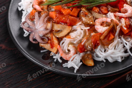 Preview: Tasty rice noodles with tomato, red pepper, mushrooms and seafood