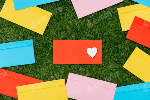 Preview: heart shape and envelopes on green grass.