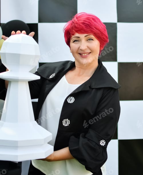 Preview: Portrait of a woman holding a large chess piece. White pawn in hand