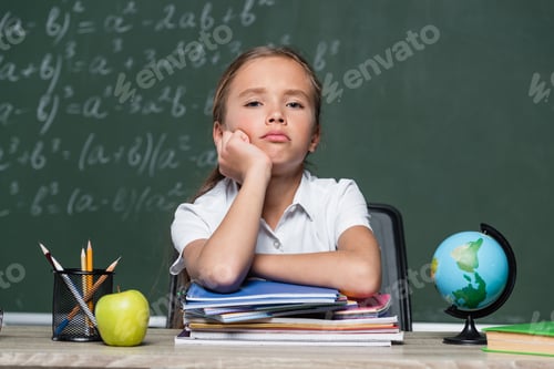 Preview: upset schoolgirl looking at camera near notebooks, globe and chalkboard on blurred background