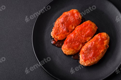 Preview: Meat cutlet or meatballs in tomato sauce with garlic, salt, spices and herbs