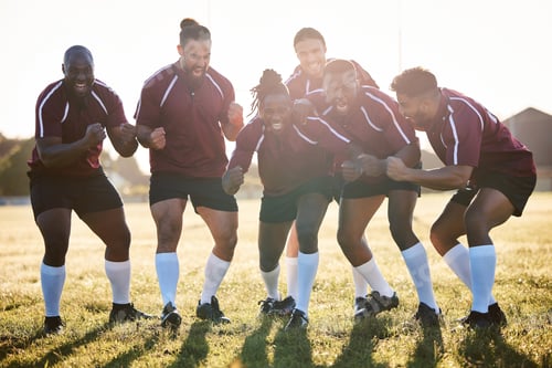 Preview: Team support, happy and men in rugby for game motivation, community or diversity on the field. Smil