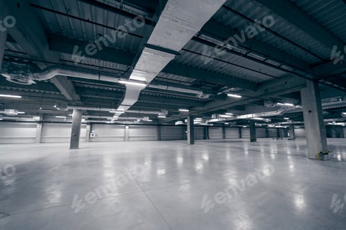 Preview: Spacious Industrial Interior with Ductwork and Lighting