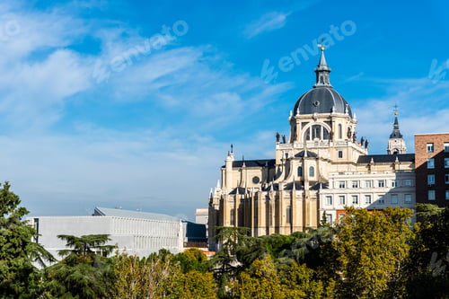 Preview: Cityscape of Madrid with Almudena Cathedral a blue sky day