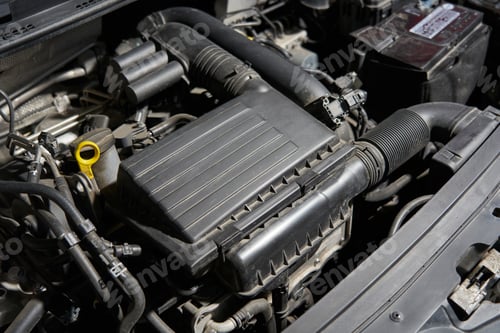Preview: top view of the engine compartment, engine, car air filter, pipes, air ducts, turbine, tubes