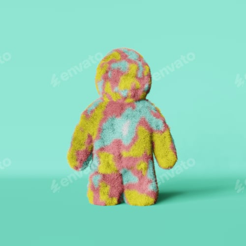 Preview: Cute plush rainbow Yeti hairy on turquoise background. Faceless colorful furry terry bigfoot.