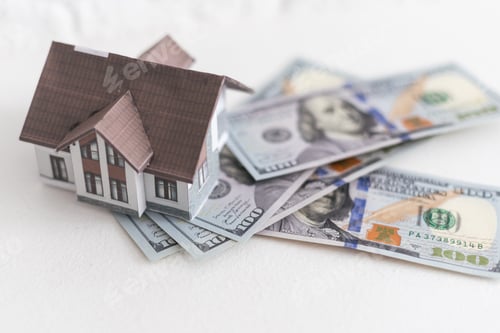 Preview: House standing on a pile of dollar bills. Investment, real estate and property concept