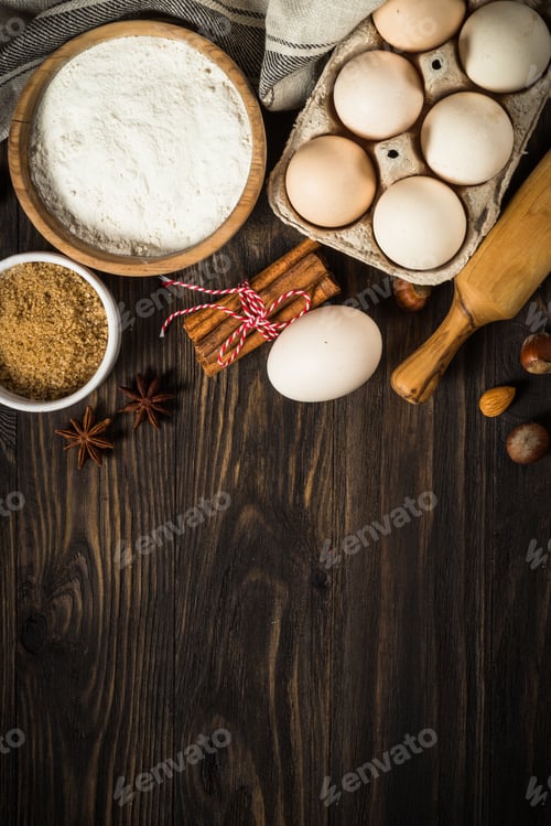 Preview: Baking ingredients on kitchen table