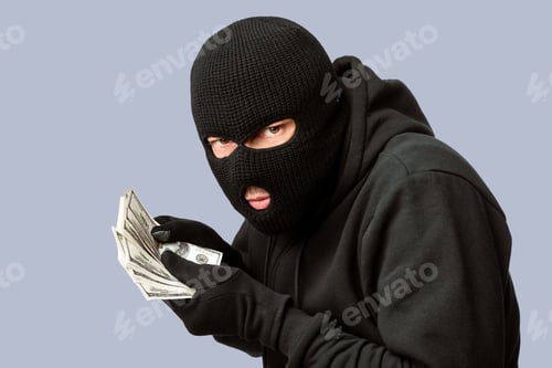 Preview: Masked thief counting money isolated over white wall