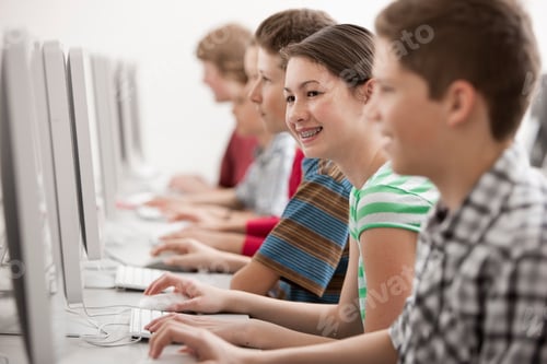 Preview: A group of young people, boys and girls, students in a computer class working at screens.