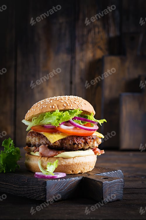 Preview: Hamburger with bacon, turkey burger meat, cheese, tomato and lettuce