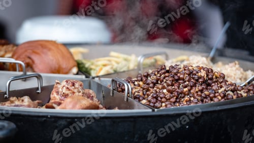 Preview: Various hot dishes, meat, peas on a large pan. meat, pan