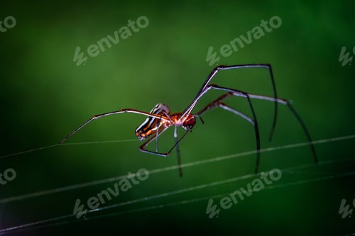 Preview: Shallow focus macro shot of a long-jawed orb weaver spider standing on its webs