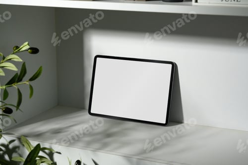 Preview: Digital tablet with blank screen on white shelf and leafy shadow