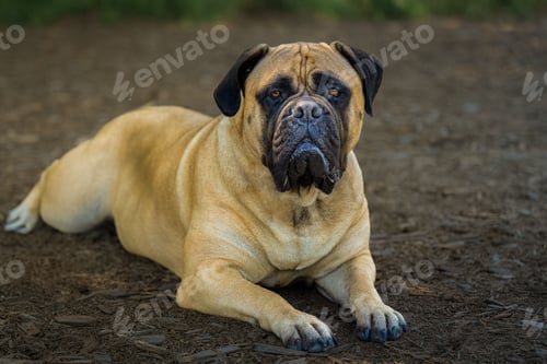 Preview: Closeup shot of a large bullmastiff lying down on the blurry background