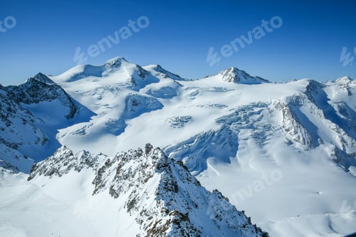 Preview: Winter landscape - Panorama of the ski resort with ski slopes. Alps. Austria. Pitztaler Gletscher