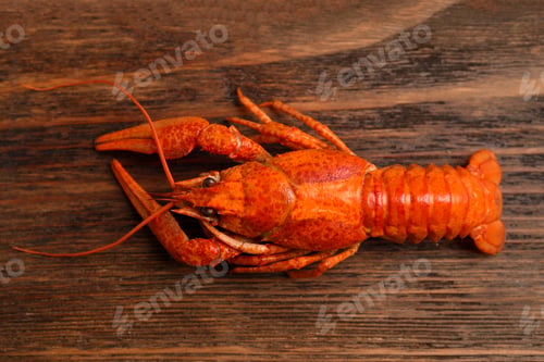 Preview: Delicious boiled crayfish on wooden table, top view