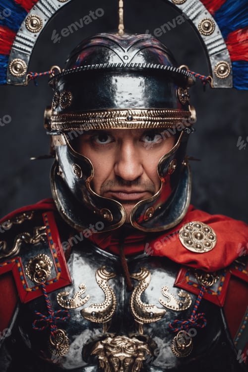 Preview: Handsome roman warrior with plumed helmet against dark background