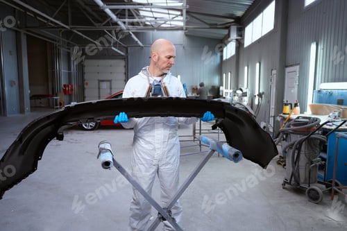 Preview: Middle-aged foreman in overalls prepares car body part for painting