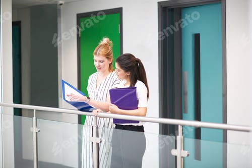 Preview: Colleagues with paperwork in files in office building