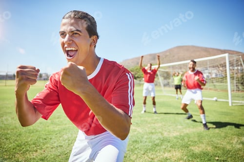 Preview: Football winner, sports and team celebrate game, competition goal or tournament victory with crazy
