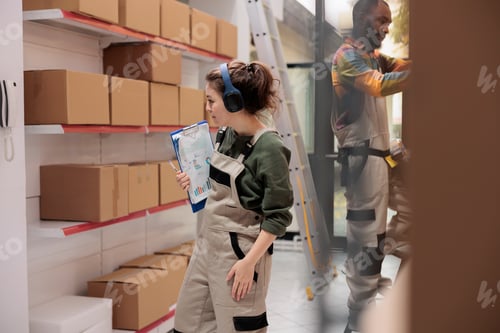 Preview: Warehouse employee working at products delivery