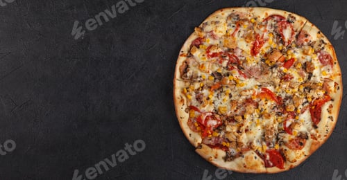 Preview: Appetizing round pizza on a black background, with bacon, tomatoes, corn, sausage, mushrooms