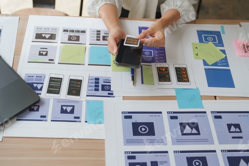 Preview: Web designer comparing mobile app design with responsive website design