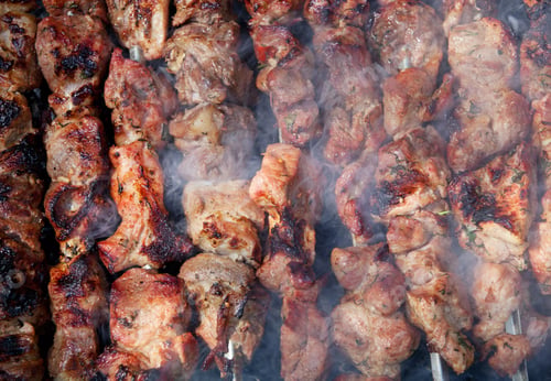 Preview: Background of grilled shish kebabs on skewers