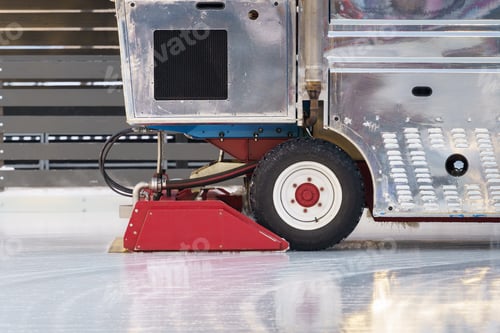 Preview: Polished ice maintenance machine ice preparation at rink between sessions in outdoor ready for match