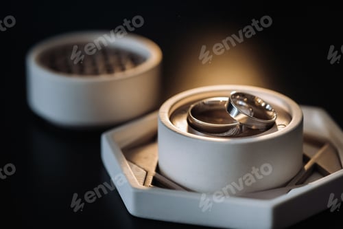 Preview: two gold wedding rings in a white box on a black background