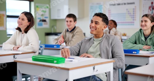 Preview: Education, smile and students at school for class, fun lesson and positive reinforcement. People, l