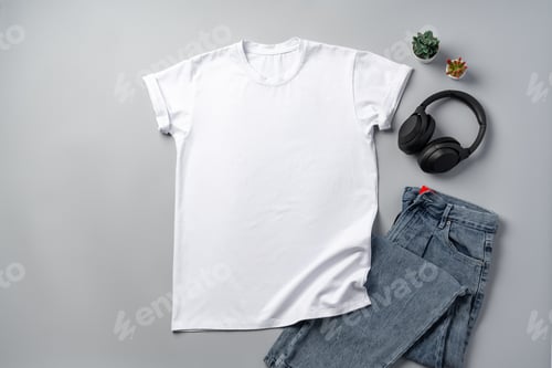 Preview: Cotton T-shirt and jeans on gray background top view