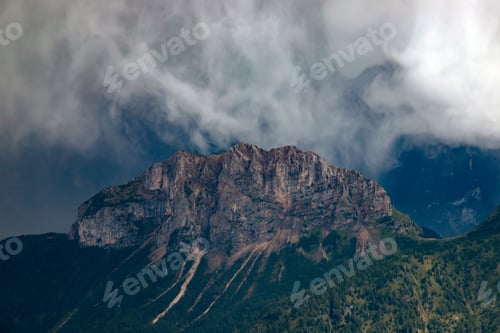 Preview: Panoramic view from the top of the Marmolada Glacier in summer mist, Dolomites, South Tyrol, Italy.