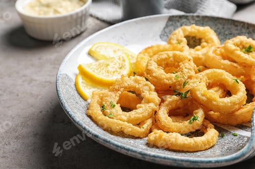 Preview: Plate with homemade crunchy fried onion rings and lemon slices on table, closeup