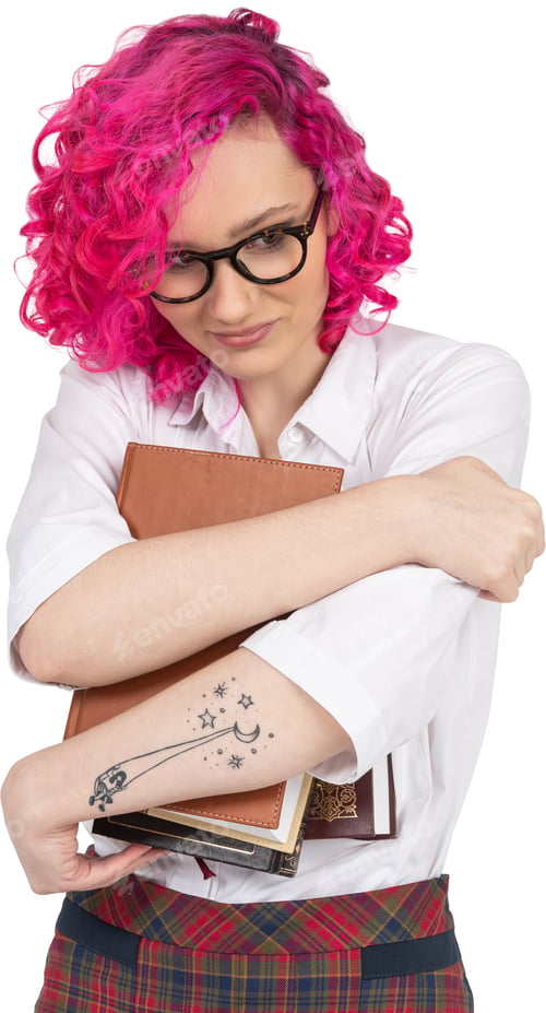 Preview: a woman with pink hair is holding a book