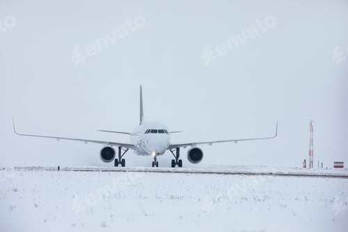 Preview: Airplane taxiing to runway for take off on frosty winter day