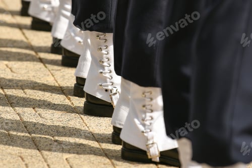 Preview: Uniformed individuals stand in line, lower body view