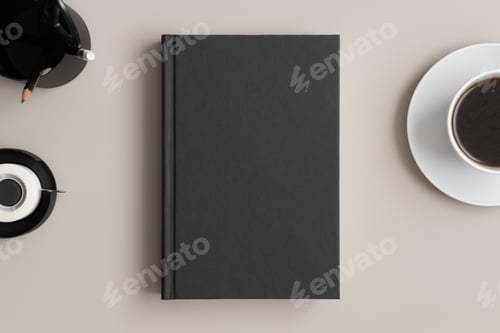 Preview: Black book mockup with a coffee and workspace accessories on a beige table.