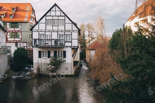Preview: old wooden beam houses with white and orange plaster. Fishermen's Quarter. Ulmer Stadtmauer.