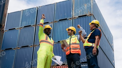 Preview: Team worker stack hand and shake hands to show success work at Container cargo harbor.