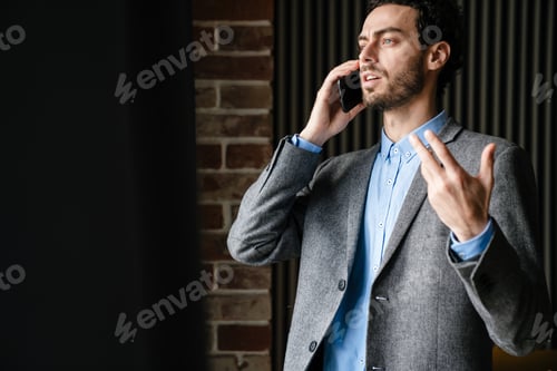 Preview: Handsome focused businessman gesturing and talking on mobile phone