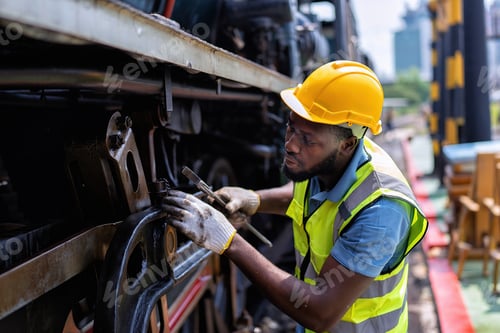 Preview: Engineer railway wearing safety gear checking train transmittal system for safety travel passenger