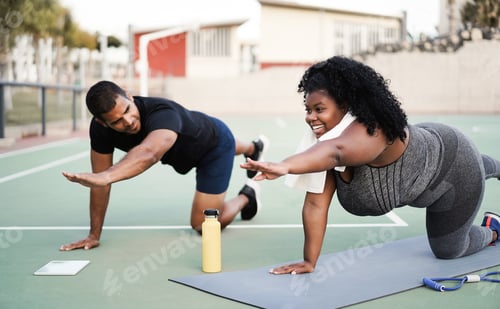 Preview: Curvy woman and personal trainer doing pilates workout session outdoor - Main focus on girl face