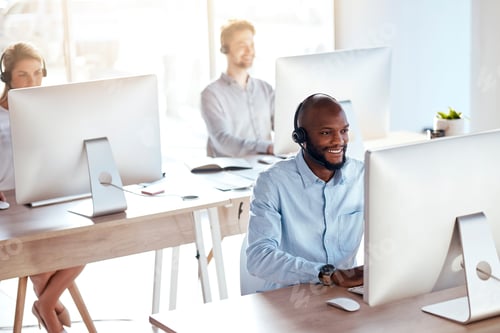 Preview: Call center, computer and consulting with black man in office for customer service, technical suppo